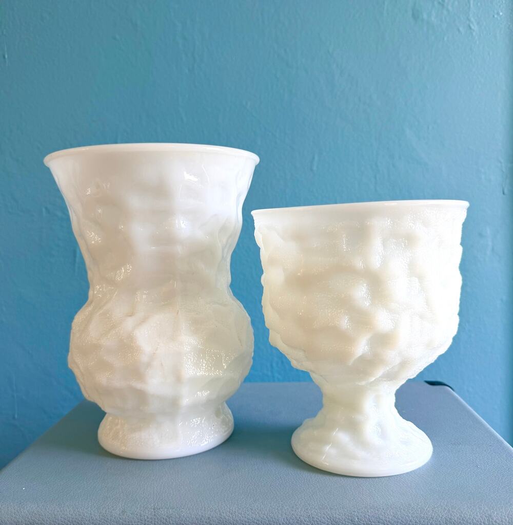 Vtg EO Brody Co Milk Glass Vase Footed Dish Set 2 Textured Crinkle Bark 8” 6”